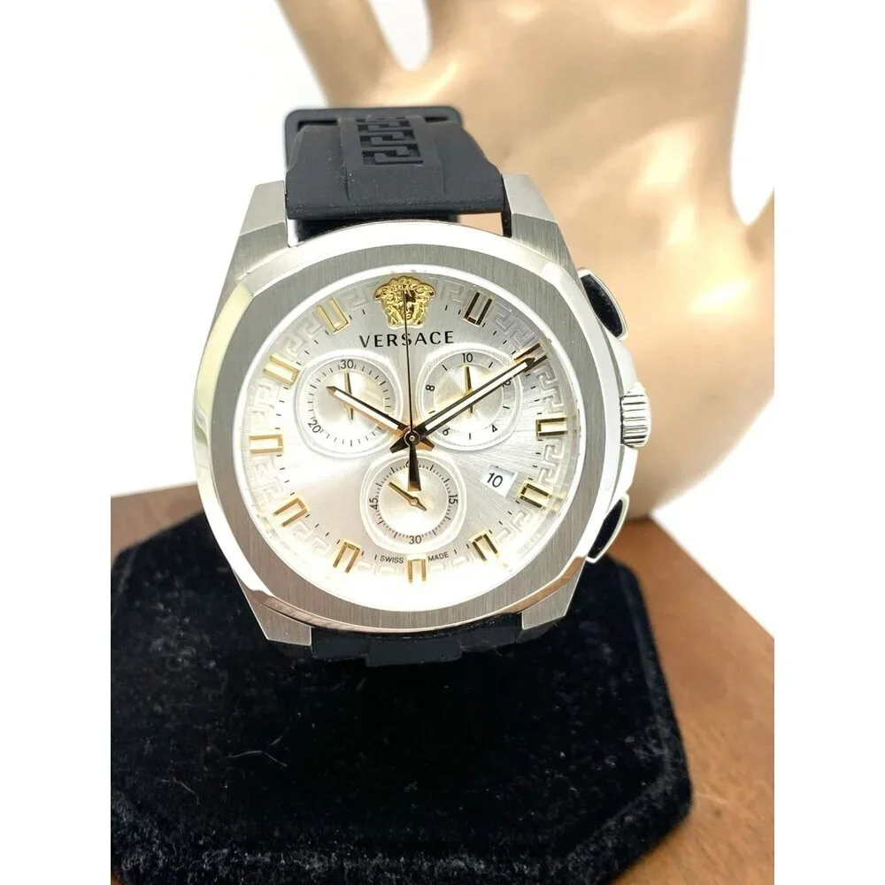 Versace Men's Watch VE7CA0123 Swiss Quartz Chronograph Silver Black Rubber 43mm